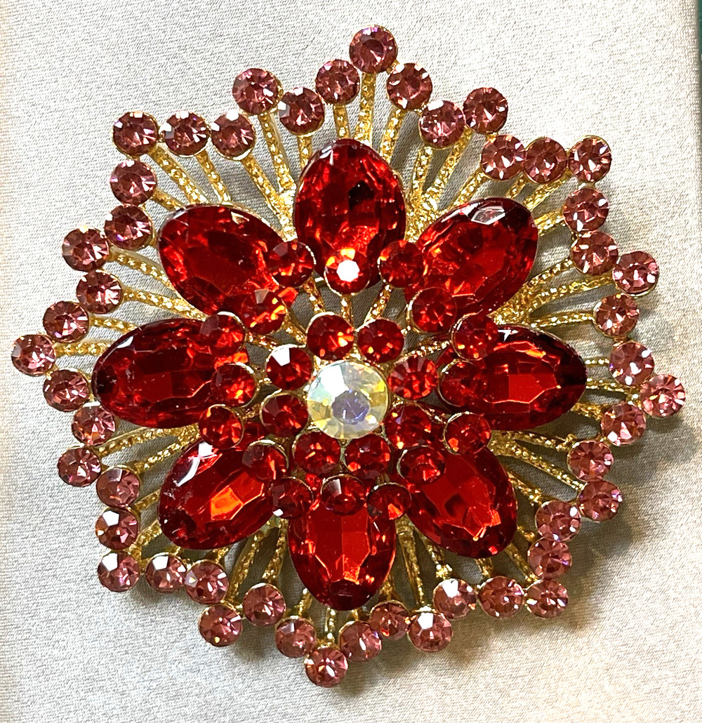 NWOT Pink & Red Floral Brooch Rhinestone Crystal Gold Toned Pin Flowers & Plants